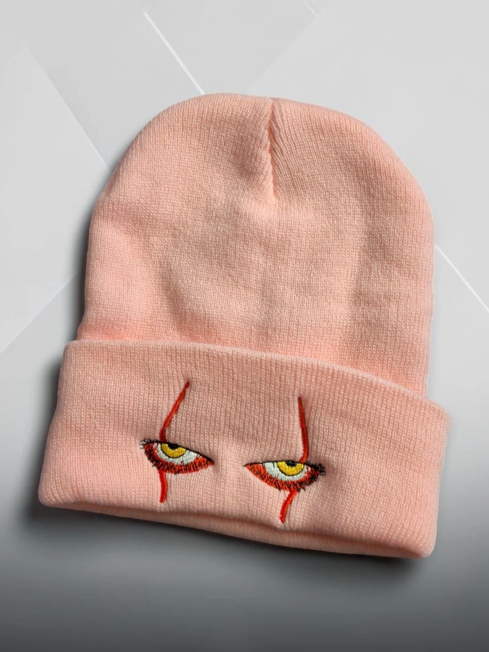 Kids Pink Knit Stephen King Pennywise Beanie Hat with Embroidered Accent